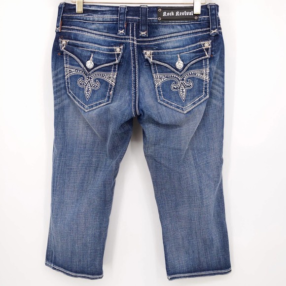 Rock Revival Sora Capri Jeans Bling Rhinestone Pocket 8" Rise Medium Wash Sz 29 - Picture 2 of 9